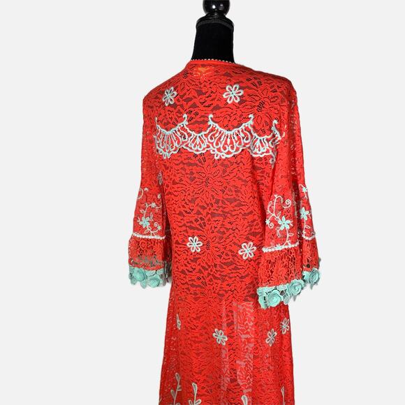 Antica Sartoria by Giacomo Long Lace Kimono Red Aqua Embroidered Boho Cover up - Picture 5 of 16